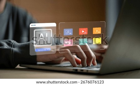 AI content generation concept with creative digital tools, showing artificial intelligence technology for multimedia, text, video, audio, and idea automation in business marketing.