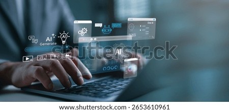 AI content generation platform concept, a user operates multiple intelligent tools including text, image, audio, video creation and chatbot in an all-in-one virtual workspace. Technology AI.