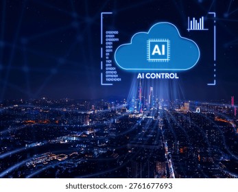Ai control cloud over night city skyline for futuristic background and smart city network. Concept Asian China big data connection.
