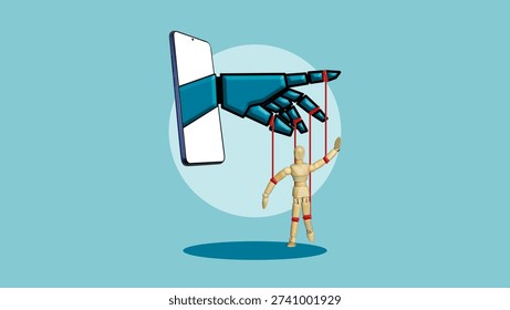 AI Control Concept, Human as Puppet Controlled by Artificial Intelligence, Automation Influence on People, Algorithmic Power, Digital Manipulation, Loss of Free Will Metaphor