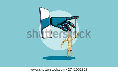 AI Control Concept, Human as Puppet Controlled by Artificial Intelligence, Automation Influence on People, Algorithmic Power, Digital Manipulation, Loss of Free Will Metaphor
