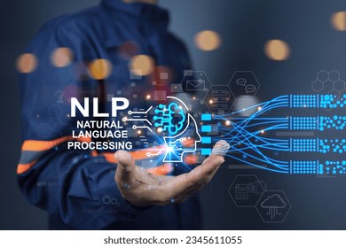 AI controlled design engineers are using NLP or natural language processing to communicate with robot computer programs or data to deploy code before use in industrial applications. - Shutterstock ID 2345611055