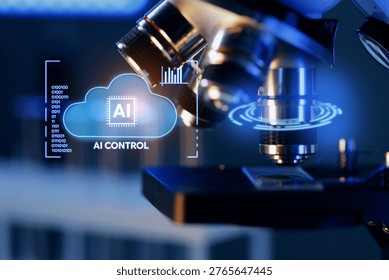 Ai controlled microscope objective closeup with cloud overlay for biomedical research poster and laboratory background design.
