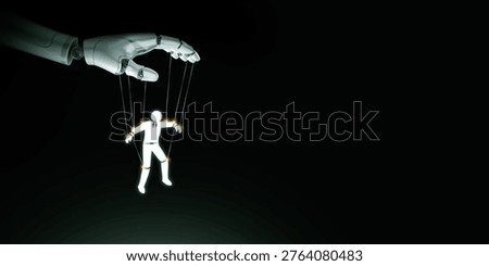 AI controls human worker as a puppet. Manipulation, automation risk, and loss of autonomy. A robotic hand manages the strings of a person. and workplace artificial intelligence ethics and privacy.