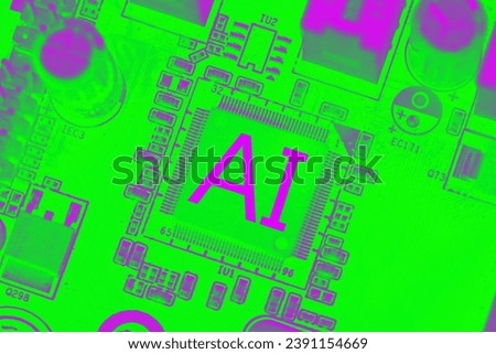 AI, creative idea. Chip and artificial intelligence with green and pink color, concept. Chip and computer hardware, close-up. Motherboard with transistors