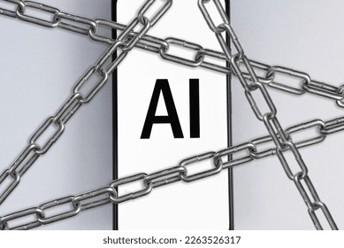 AI crisis, cancellation, artificial intelligence ban, blocking concept. AI text on smartphone screen and steel chains, top view.