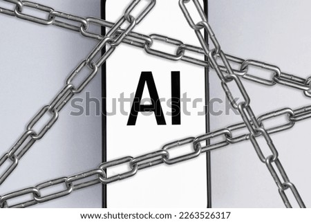 AI crisis, cancellation, artificial intelligence ban, blocking concept. AI text on smartphone screen and steel chains, top view.