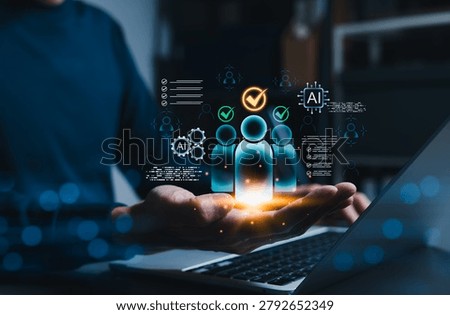AI customer segmentation and predictive CRM analytics concept. customer profiles with check marks, AI icons, partner data, and lists showing smart targeting, profiling, and relationship management.