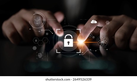 AI cyber security system using biometric authentication and privacy control. Cyber security protects identity, cybersecurity detects threats, cybersecurity ensures safety, and secures data. Latch - Powered by Shutterstock - Get 15% off with code: PIKWIZARD15