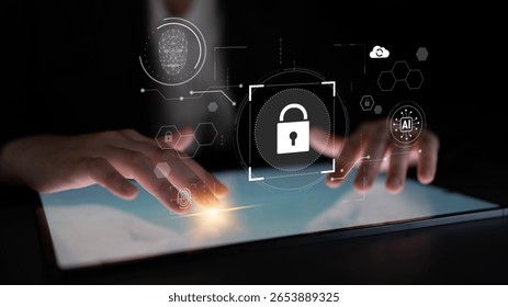 AI cyber security system using biometric authentication and privacy control. Cyber security protects identity, cybersecurity detects threats, cybersecurity ensures safety, and secures data. Latch
