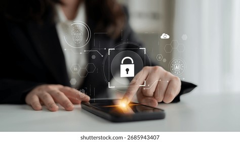 AI cyber security system using biometric authentication and privacy control. Cyber security protects identity, cybersecurity detects threats, cybersecurity ensures safety, and secures data. Latch