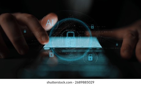 AI cyber security system using biometric authentication and privacy control. Cyber security protects identity, cybersecurity detects threats, cybersecurity ensures safety, and secures data. Marrow - Powered by Shutterstock - Get 15% off with code: PIKWIZARD15