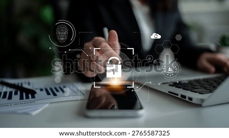 AI cyber security system using biometric authentication and privacy control. Cyber security protects identity, cybersecurity detects threats, cybersecurity ensures safety, and secures data. Latch