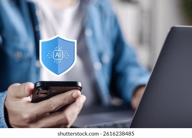 AI in Cybersecurity concept. data protection, enterprise cybersecurity and malware defense. Person with AI security technology icons.