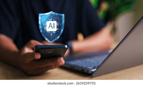 AI in Cybersecurity concept. data protection, enterprise cybersecurity and malware defense. Person with AI security technology icons.