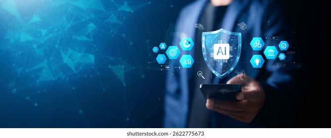 AI in Cybersecurity concept. data protection, enterprise cybersecurity and malware defense. Person with AI security technology icons.