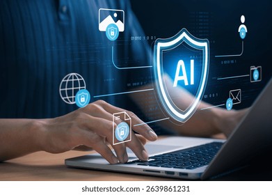 AI cybersecurity concept. laptop with virtual shield icons representing data privacy and digital protection, capturing modern technology use in secure internet environments anytime, anywhere