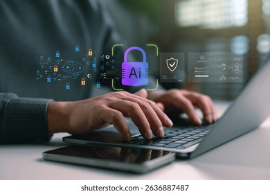 AI Cybersecurity concept showing artificial intelligence protecting digital data with lock icons, representing data encryption, secure access, machine learning, and network security systems.