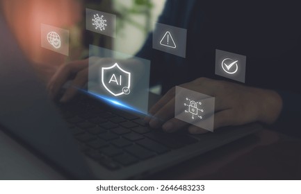 AI Cybersecurity Protection Concept. Hands typing on a laptop with digital icons; artificial intelligence, cybersecurity, data protection and warning signals, secure AI technology and online safety.