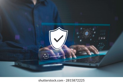 AI cybersecurity protection interface on laptop person managing intelligent threat detection data privacy automated security monitoring and trusted digital infrastructure.