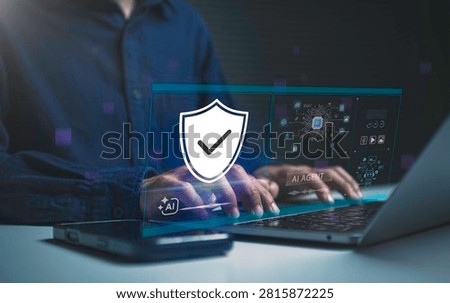 AI cybersecurity protection interface on laptop person managing intelligent threat detection data privacy automated security monitoring and trusted digital infrastructure.