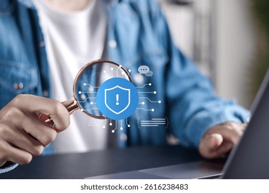 AI cybersecurity risks concept. Digital security, AI security threats, data breaches, hacking risks and advanced protection strategies. Person use laptop with Ai technology icons.