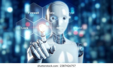 AI cybersecurity robot interfacing with protection protocols, advanced network defense and data encryption, cyber security concept - Powered by Shutterstock