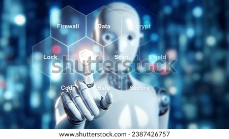 AI cybersecurity robot interfacing with protection protocols, advanced network defense and data encryption, cyber security concept