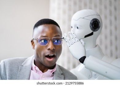 AI Cyborg Robot Whispering Secret Or Interesting Gossip To African Man