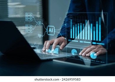 AI, data analysis. Business people use AI to analyze financial related data. big data Complex performance measurement With modern innovative technology