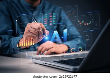 AI and data analysis for financial report with digital charts, dashboard, and virtual interface on laptop.Artificial intelligence and big data. business investment and stock market insights.