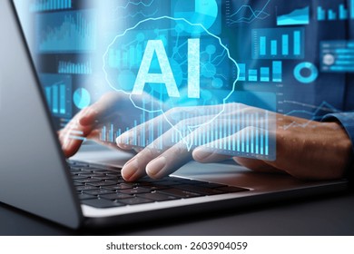 AI data analysis and data mining. Artificial intelligence analytics of big data. Data scientist using laptop computer.