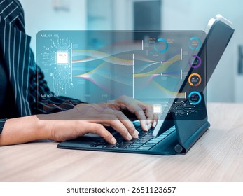AI data analysis, software engineering background concept. Digital interface chart screen showing with business person work with tablet or laptop computer, freelance programmer, application developer.