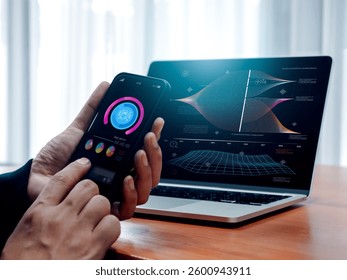 AI data analysis tools technology, research system with artificial intelligence, business analytics concept. Digital info dashboard on smartphone in businessman hand while work with laptop computer.