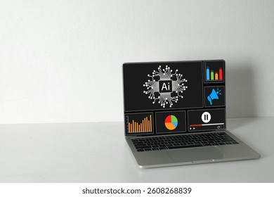 AI data analysis and visualization displayed on laptop screen over white background with copyspace.,concept for data analysis, artificial intelligence,digital marketing,machine learning.