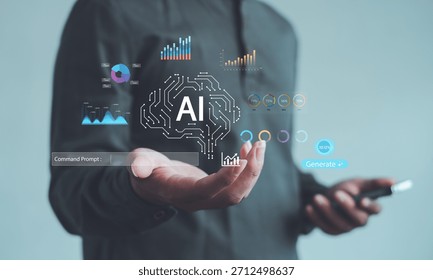 AI data analytics concept showing user interacting with smart visual dashboards and digital command prompt, highlighting intelligent insights, automation, and advanced technology in modern workflows.
