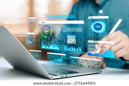 AI data analytics dashboard with interactive charts and graphs on laptop screen, showing business intelligence, performance tracking, digital reporting, data visualization, artificial intelligence.