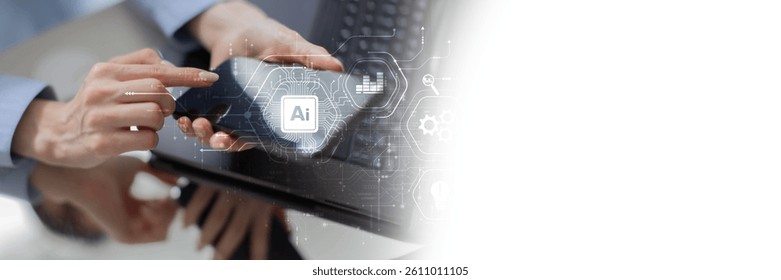AI and Data Analytics for Innovation and Efficiency on a Wide Banner, Business and Technology Concept.