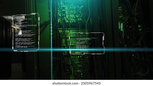 AI data coding image over server racks with green lighting. Technology, innovation, cybersecurity, data center, artificial intelligence, server room - Powered by Shutterstock