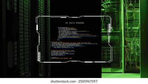 AI data mining text over server racks in data center. Technology, artificial intelligence, data analysis, big data, cloud computing, networking - Powered by Shutterstock