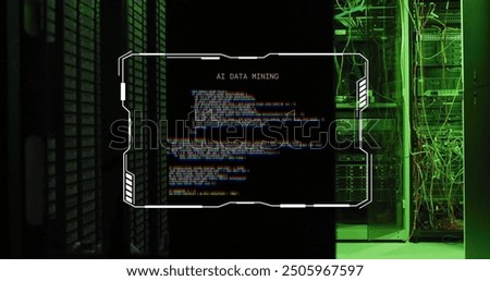 AI data mining text over server racks in data center. Technology, artificial intelligence, data analysis, big data, cloud computing, networking