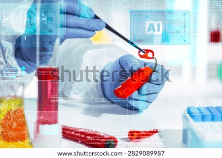 AI data overlay supports gloved inspection of red chili pepper slices in a smart food laboratory, blurred background, for automated grading and capsaicin analytics.