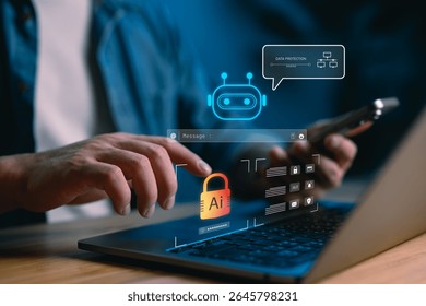 AI data protection and chatbot interface concept for secure messaging and digital privacy. Automated Data smart AI security systems, encrypted communication and modern data management.