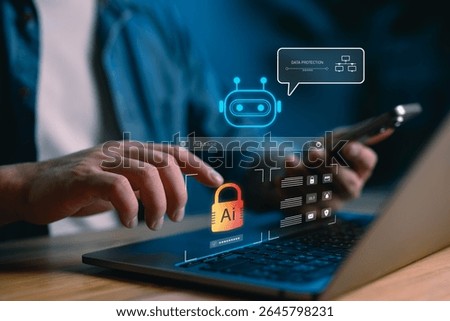 AI data protection and chatbot interface concept for secure messaging and digital privacy. Automated Data smart AI security systems, encrypted communication and modern data management.