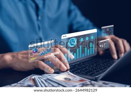 AI for data science and analytics workflow. Hands using laptop to visualize financial data, charts, and machine learning insights for smart business decisions and investment planning.