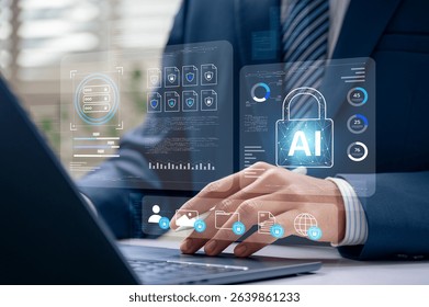 AI Data Security and Cyber Protection Concept. Businessman Using Laptop and Virtual Interface to Protect Data, Monitor Networks, Encrypt Information, and Ensure Privacy in Cybersecurity Environment.