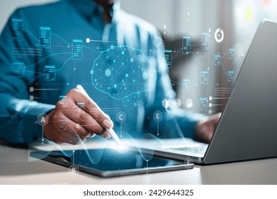 ai, database, digital, information, network, technology, graph, analysis, chart, innovation. programmer people working on laptops or smartphones with AI, artificial intelligence with neural HUD.