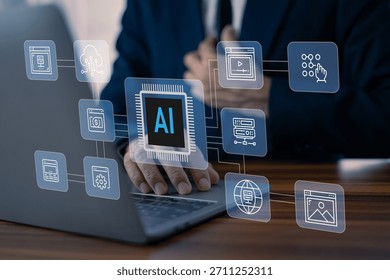 AI decision and data automation interface controlled by business person with virtual analytics icons.