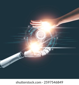 AI Deep learning of artificial intelligence technology, Robot hand and human hand touch on big data network connection of AI brain, Data exchange, Science, Innovation of future