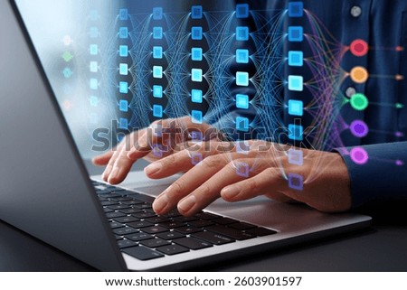 AI and deep learning. Neural network model and diagram. Businessman using laptop computer to train AI.